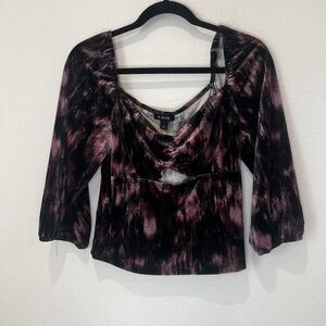 A Byer Top Womens L Purple Black Ruched Velvet Blouse Boho Chic Y2K Babydoll